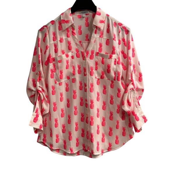 Express The Portofino Shirt Womens M White Chiffon Neon Pink Pineapple Print - Picture 1 of 6